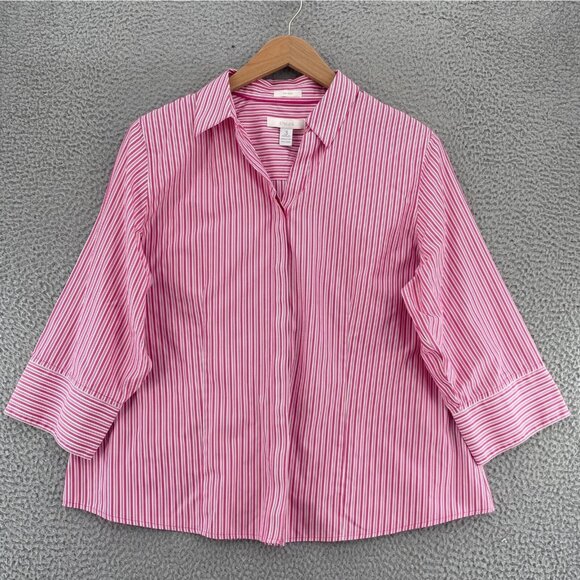 Chicos Shirt Womens 3 US Extra Large Pink Striped No Iron Button Up 3/4 Sleeves - Picture 1 of 9